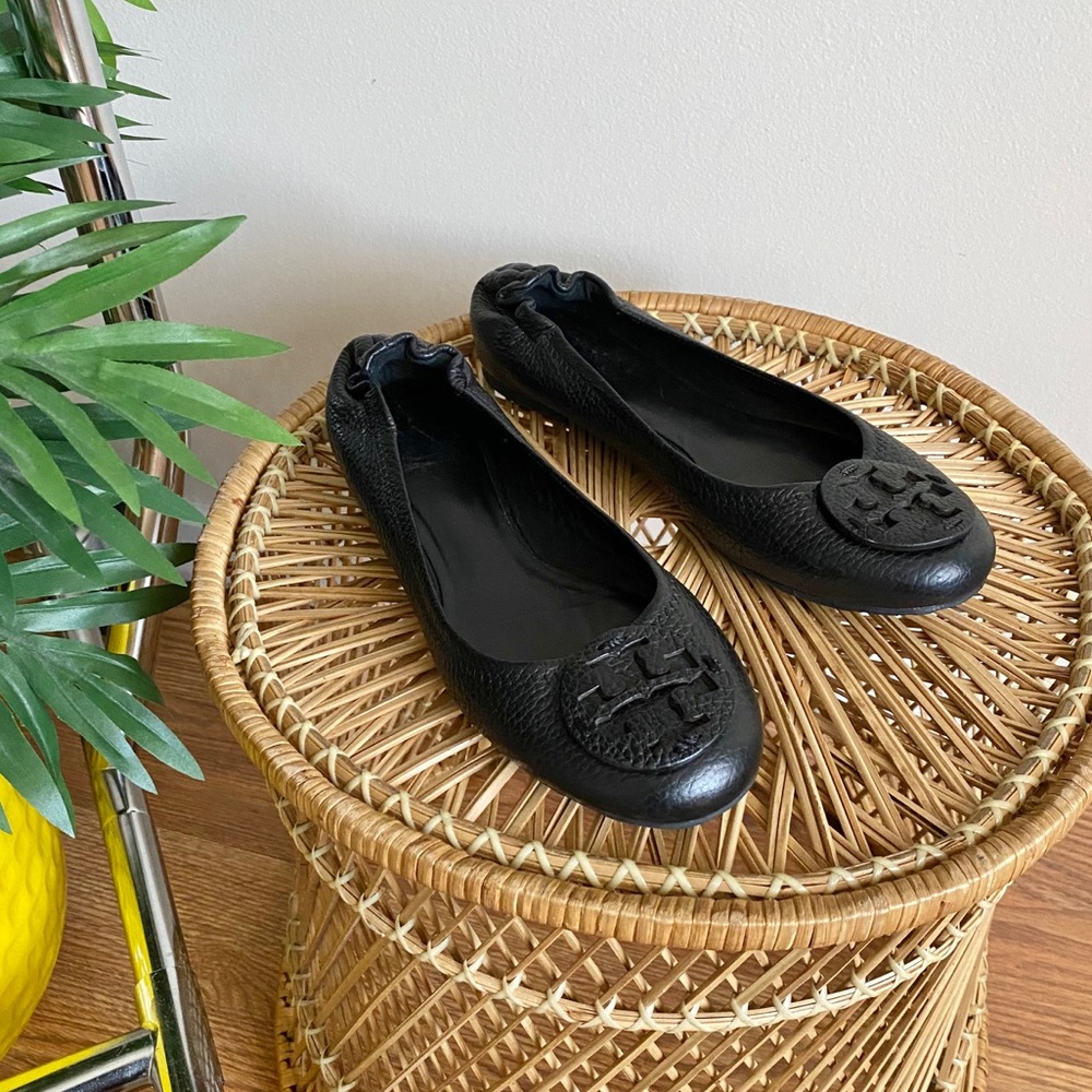 Tory Burch Reva Black Leather Ballerina Flats 7.5
